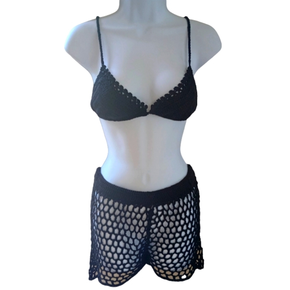 NWT 2pc Olivaceous Black Crochet Triangle Bikini Top & Crochet Short Set